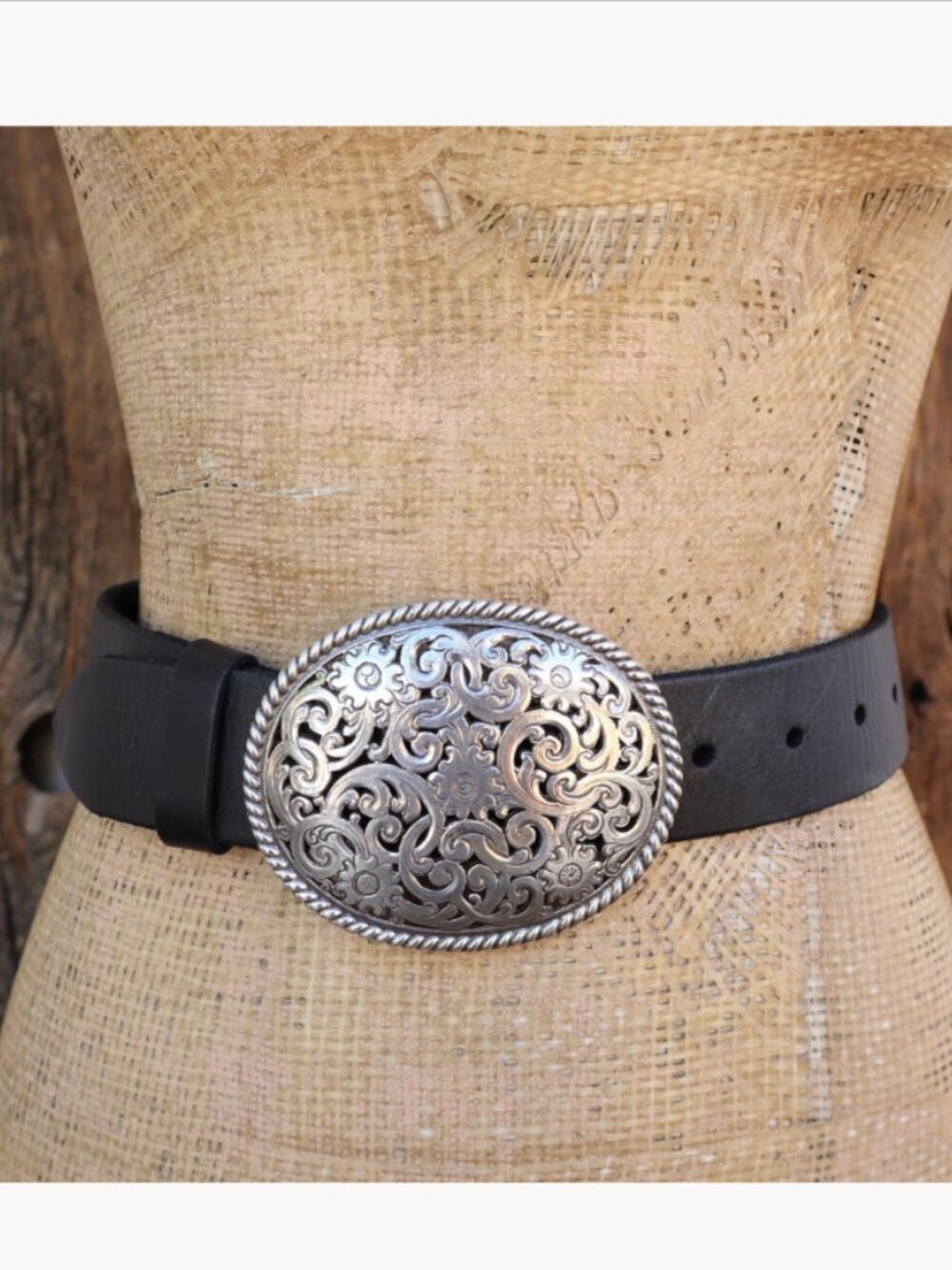 90s Black Leather Filigree Faux Silver Western Rodeo Buckle Belt Sz 32